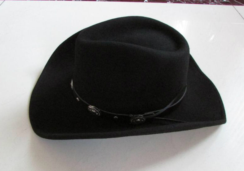 Stylish black wool cowboy hat with wide brim and leather strap, perfect for rock and cowboy themed parties.
