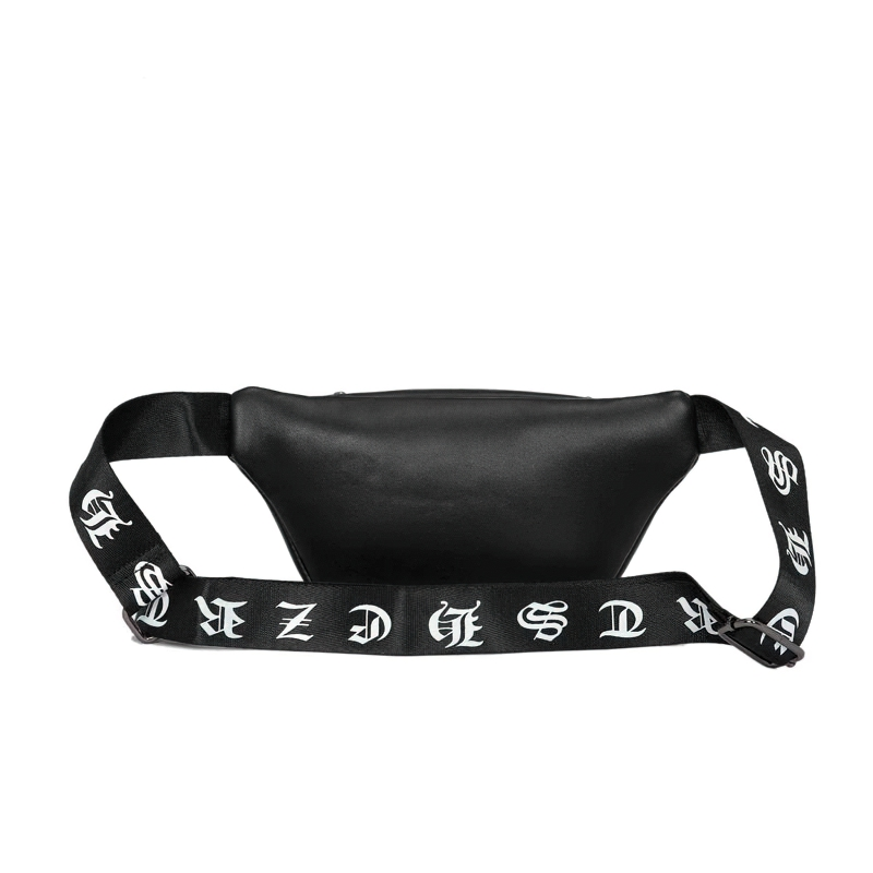 Stylish black unisex waist bag with a bold strap, perfect for adding a rock-inspired touch to any outfit.