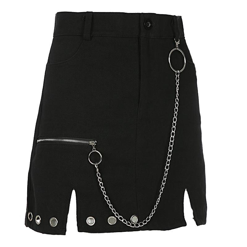 Black high waist mini skirt with ring chain and zipper, featuring a stylish rock-inspired design and hollow out details.