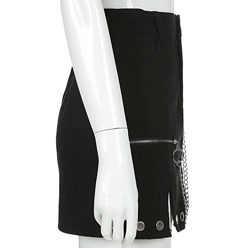 Side view of a black high-waist mini skirt with ring chain, perfect for alternative fashion styles.