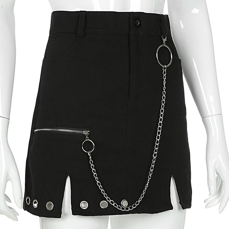 Black high waist mini skirt with ring chain and zipper detail for alternative rock fashion.