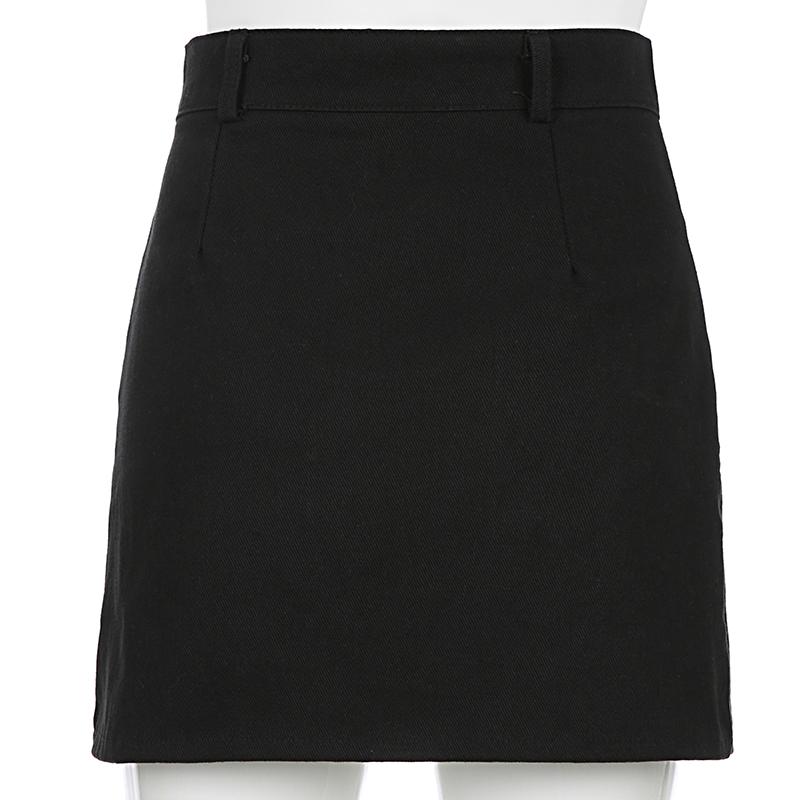 High waist black mini skirt with ring chain accents, perfect for a rock style fashion statement.