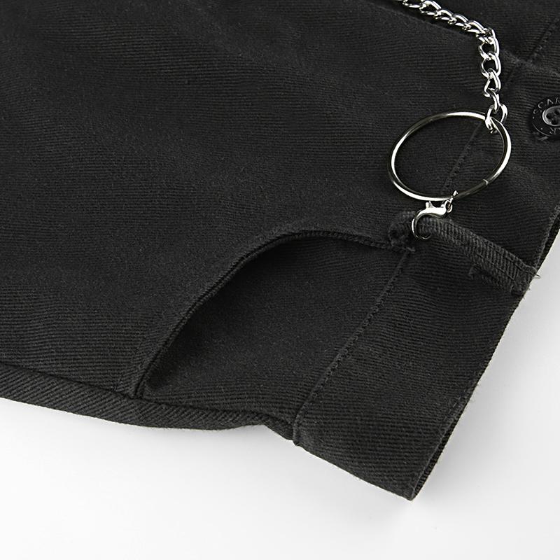 Black high waist mini skirt detail with ring chain and hollow out design for alternative fashion lovers.