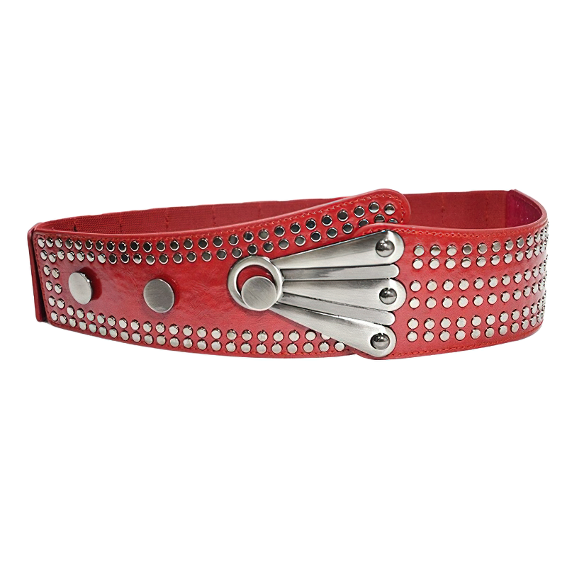 Red women's elastic wide belt with metal rivets, perfect gothic accessory for stylish outfits.