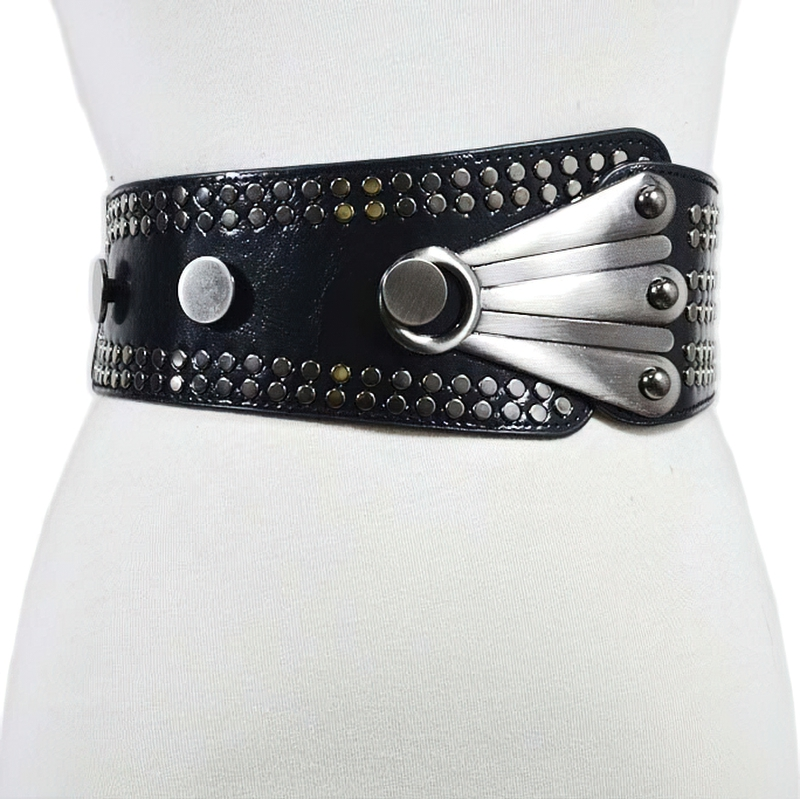 Women's gothic elastic wide belt with silver rivets and stylish accents, perfect for edgy fashion statements.