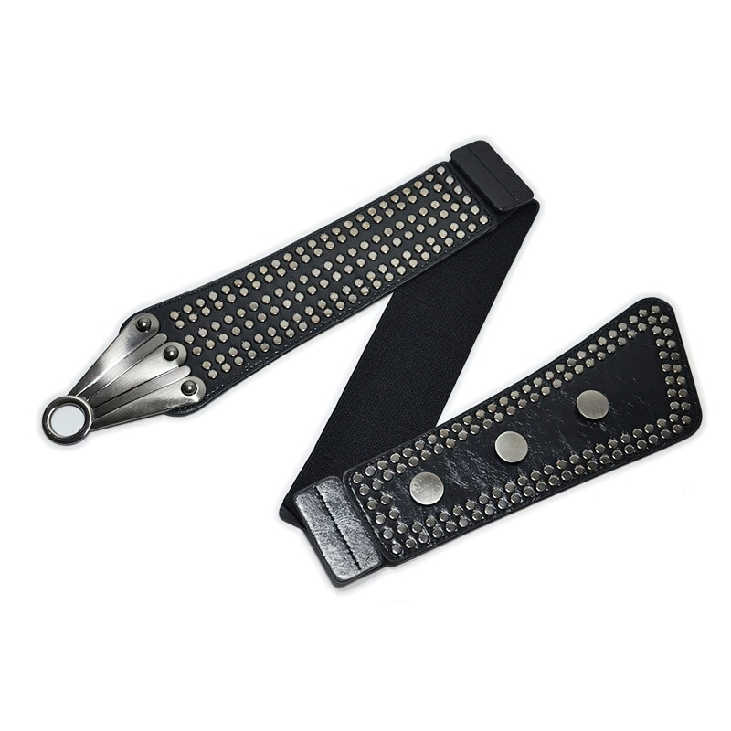 Rock style women's elastic wide belt with rivets in black for gothic fashion.