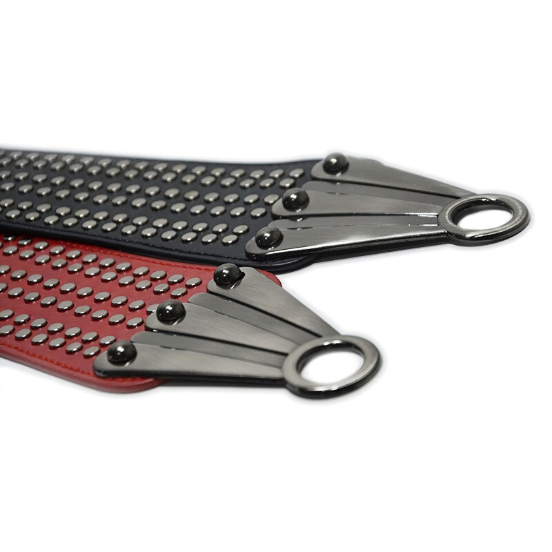 Stylish women's elastic wide belt in black and red with silver rivets, perfect for gothic fashion lovers.