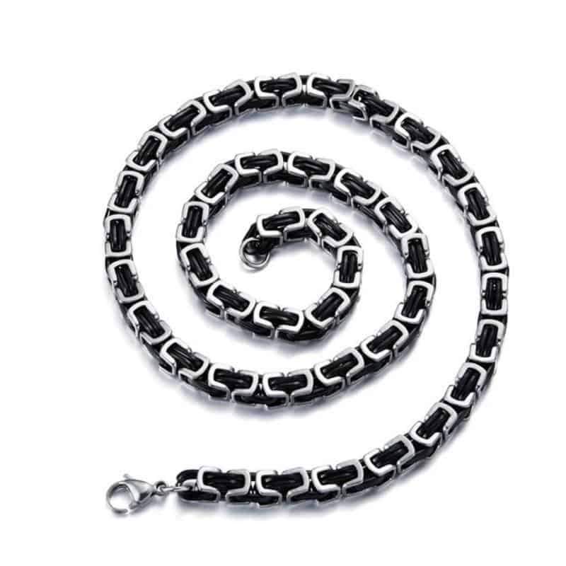 Stylish stainless steel biker charm necklace with geometric twisted Singapore chain, perfect for unisex fashion.