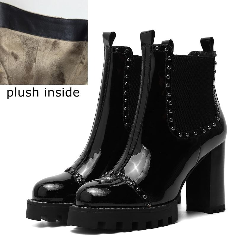 Rock style black ankle boots with high heels, round toe, plush inside, and rivet accents for a bold fashion statement.