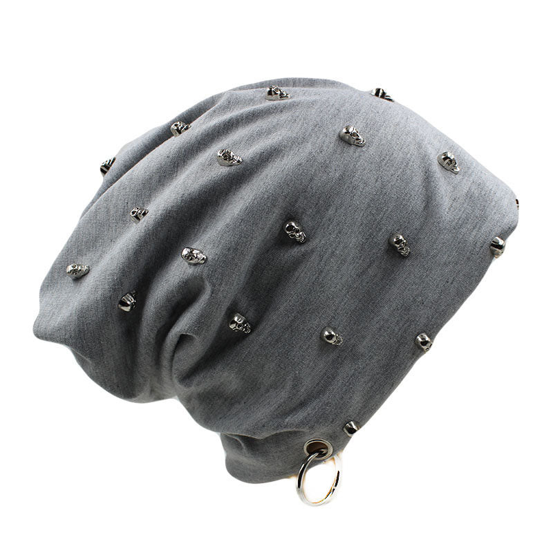 Rock style knitted rave hat in gray with skulls and hoop, perfect for punk outfits and gothic fashion.