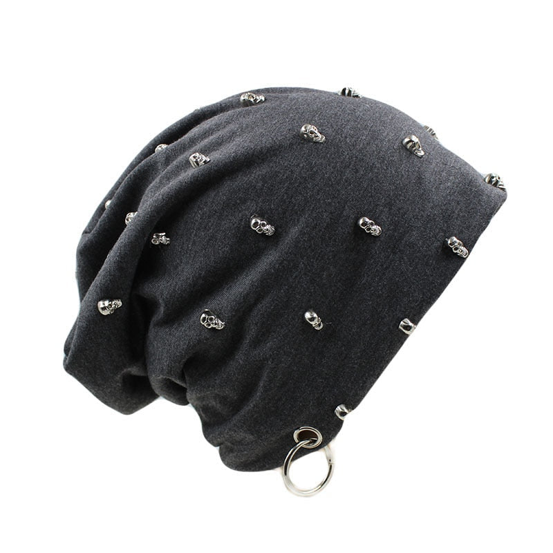 Gothic knitted rave hat with skulls and hoop, perfect for punk outfits and unisex festival style.