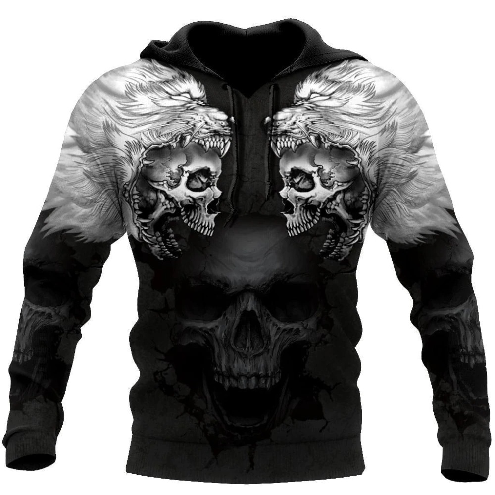 Unisex rock style hoodie with 3D wolf skull print, perfect addition to edgy wardrobes.