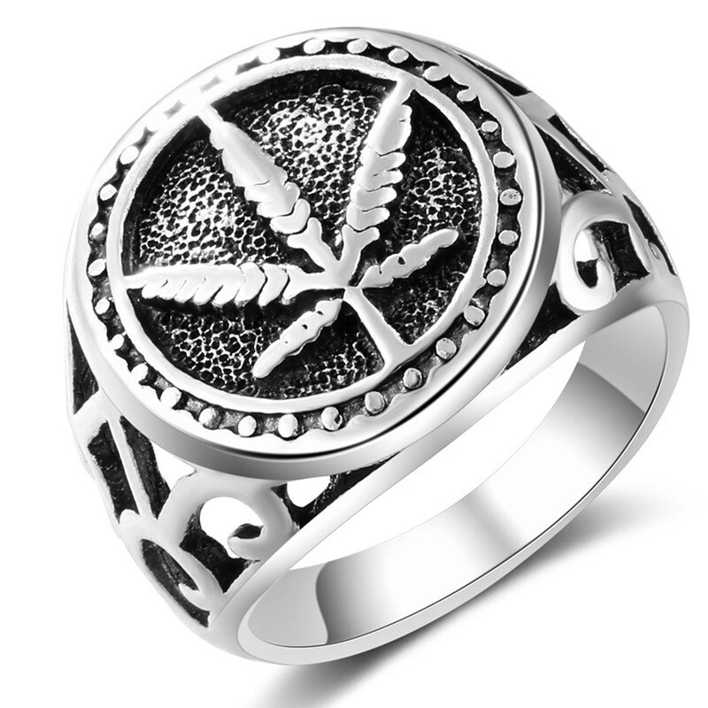 Rock style men's ring featuring a detailed hemp leaf design, perfect for bikers and vintage fashion enthusiasts.