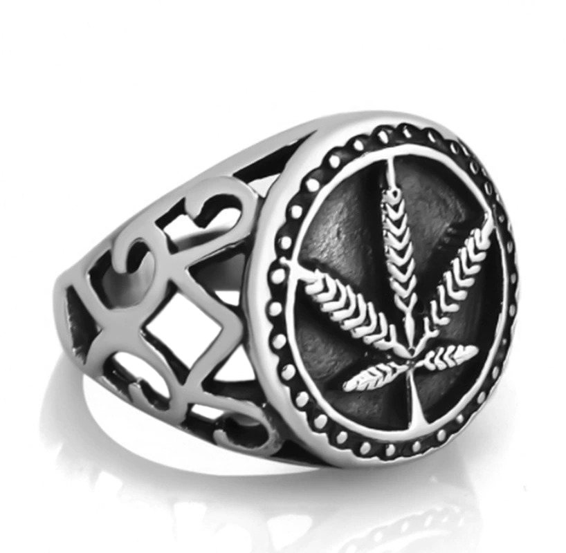Vintage stainless steel biker ring featuring a detailed hemp leaf design, perfect for adding a rock style to men's jewelry.