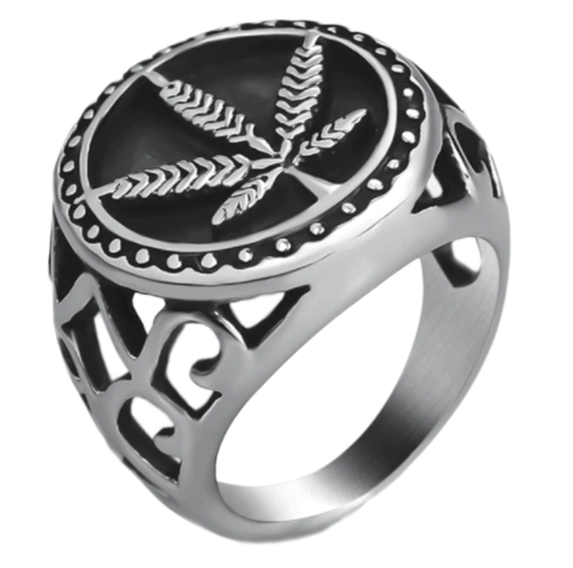 Rock style jewelry featuring a vintage stainless steel ring with a hemp leaf design, perfect for bikers.