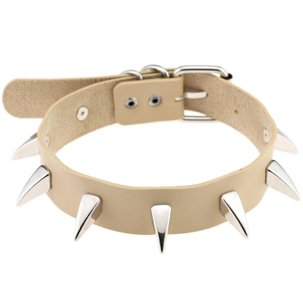 Rock style leather choker necklace with silver spikes, adjustable for men and women, perfect for gothic and biker looks.