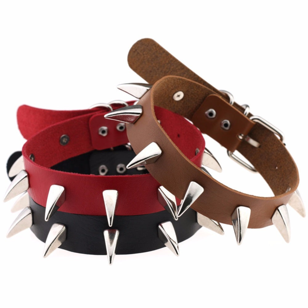 Rock style leather choker necklaces in black, red, and brown with silver spikes for a bold gothic look.