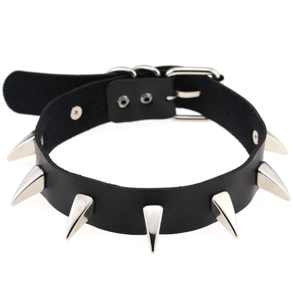 Unisex black leather choker with silver spikes, perfect for a rock style fashion statement.