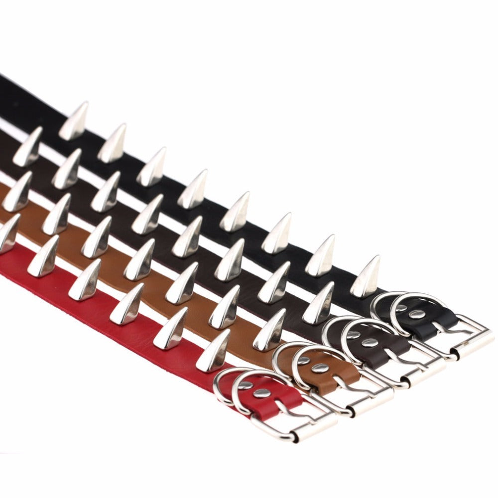 Various colors of spiked leather choker necklaces with silver rivets, perfect for a rock style look.