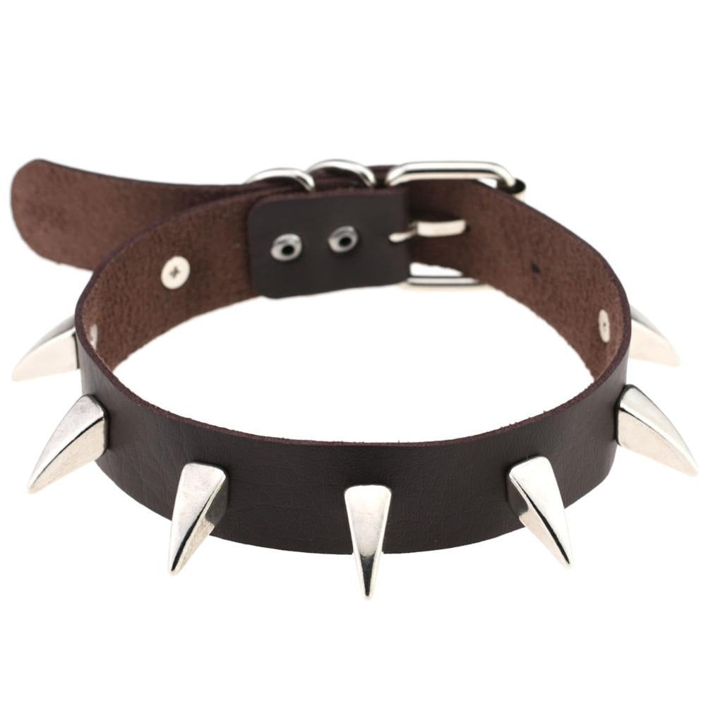 Rock style leather choker necklace with silver spikes, adjustable unisex design for a bold gothic look.