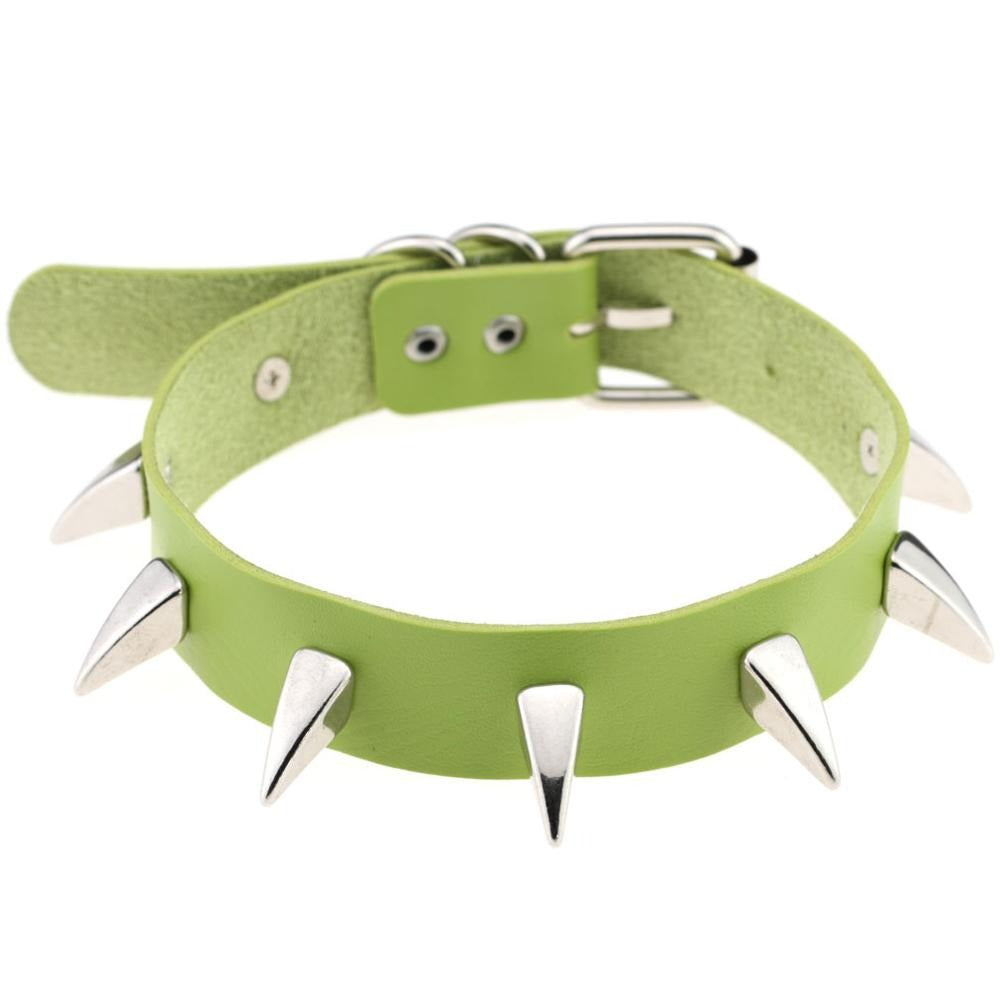 Green leather choker necklace with silver spikes, perfect for a rock style look for men and women.