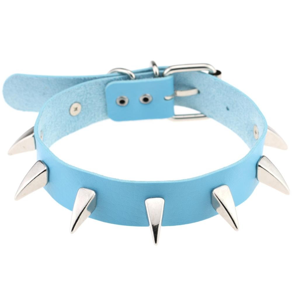 Blue leather choker necklace with silver spikes, perfect for rock style outfits and unisex biker fashion.