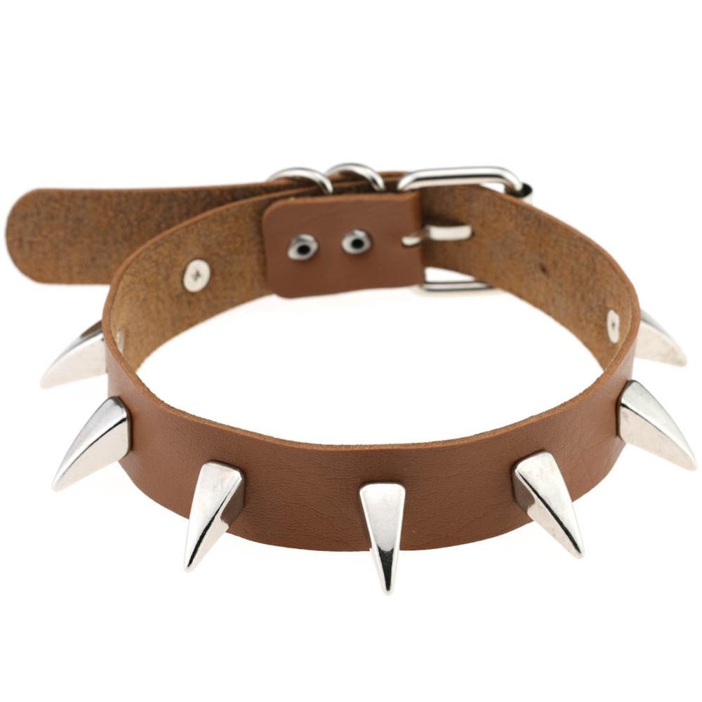 Rock style leather choker necklace with silver spikes, perfect for unisex gothic biker fashion.