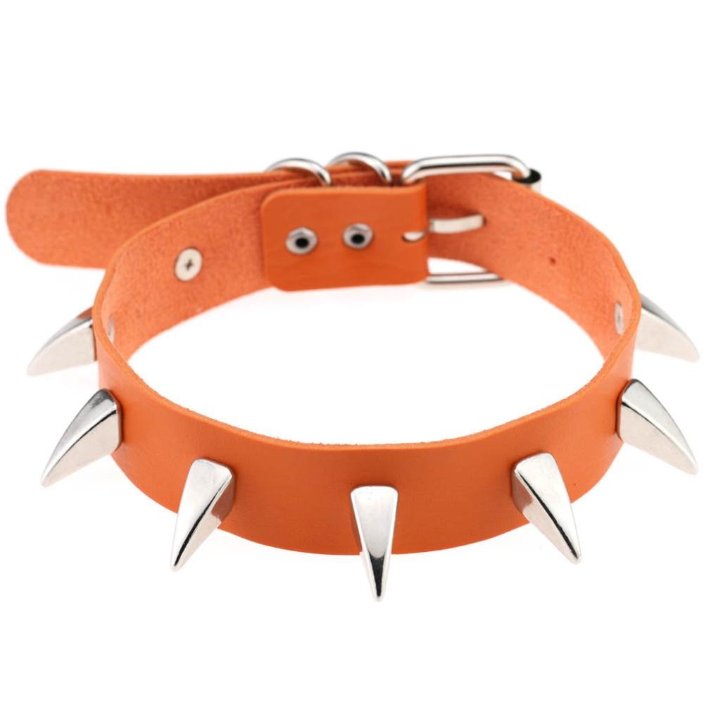 Rock style spiked leather choker with silver studs, adjustable for unisex gothic fashion.