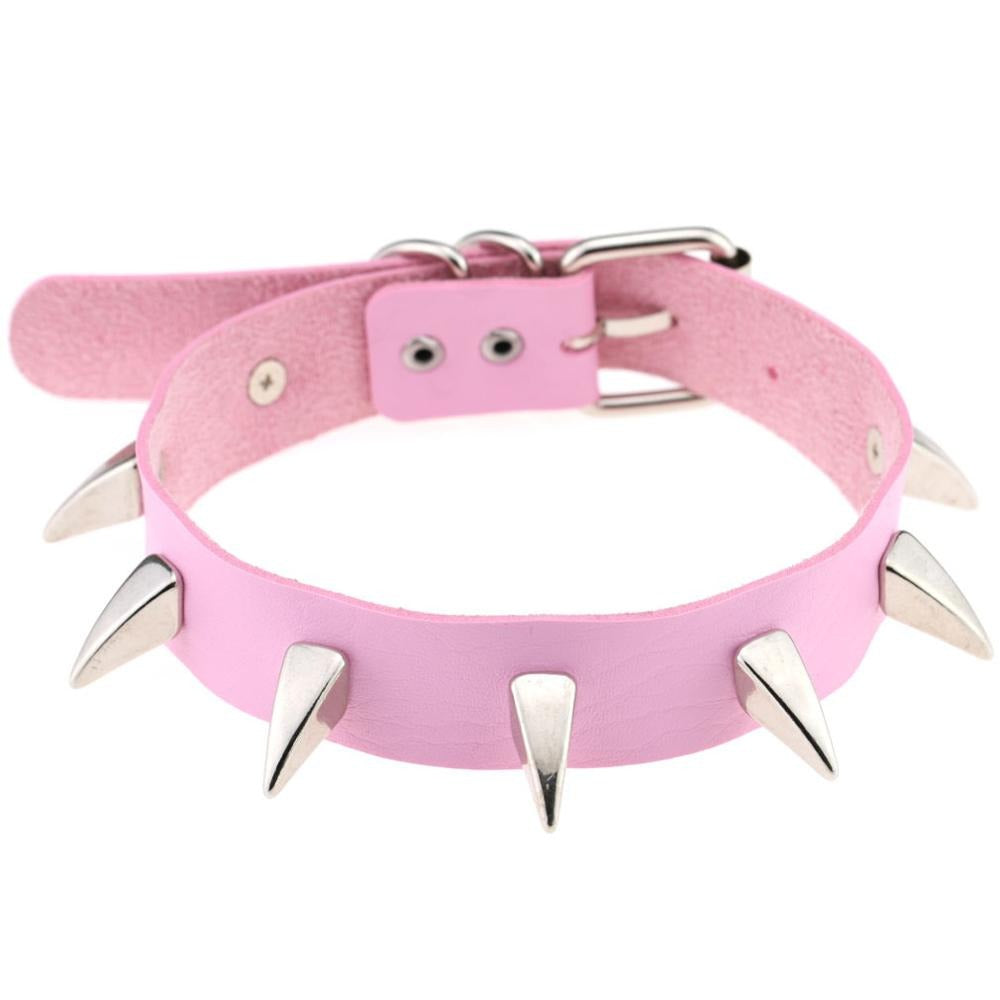 Pink leather choker necklace with silver spikes, perfect for a gothic rock style for men and women.