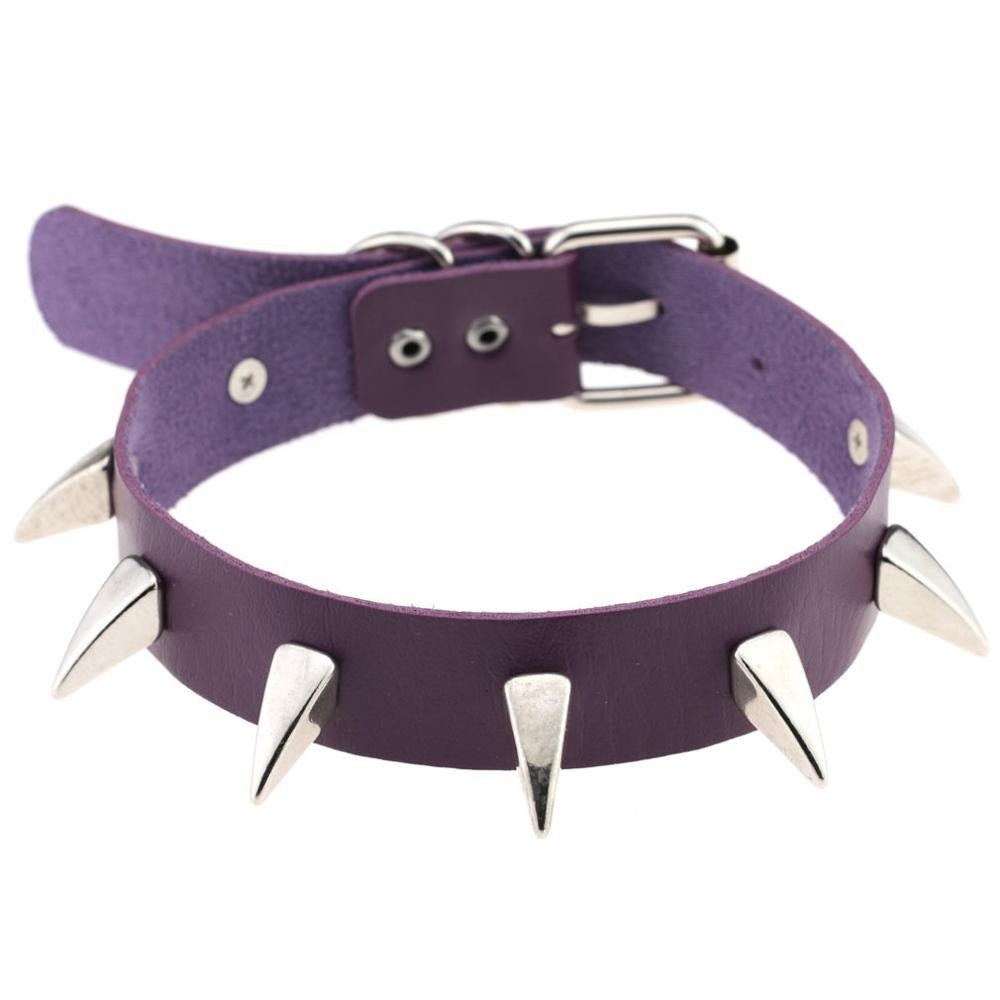 Purple leather choker necklace with silver spikes, perfect for rock and biker style, adjustable for comfort.