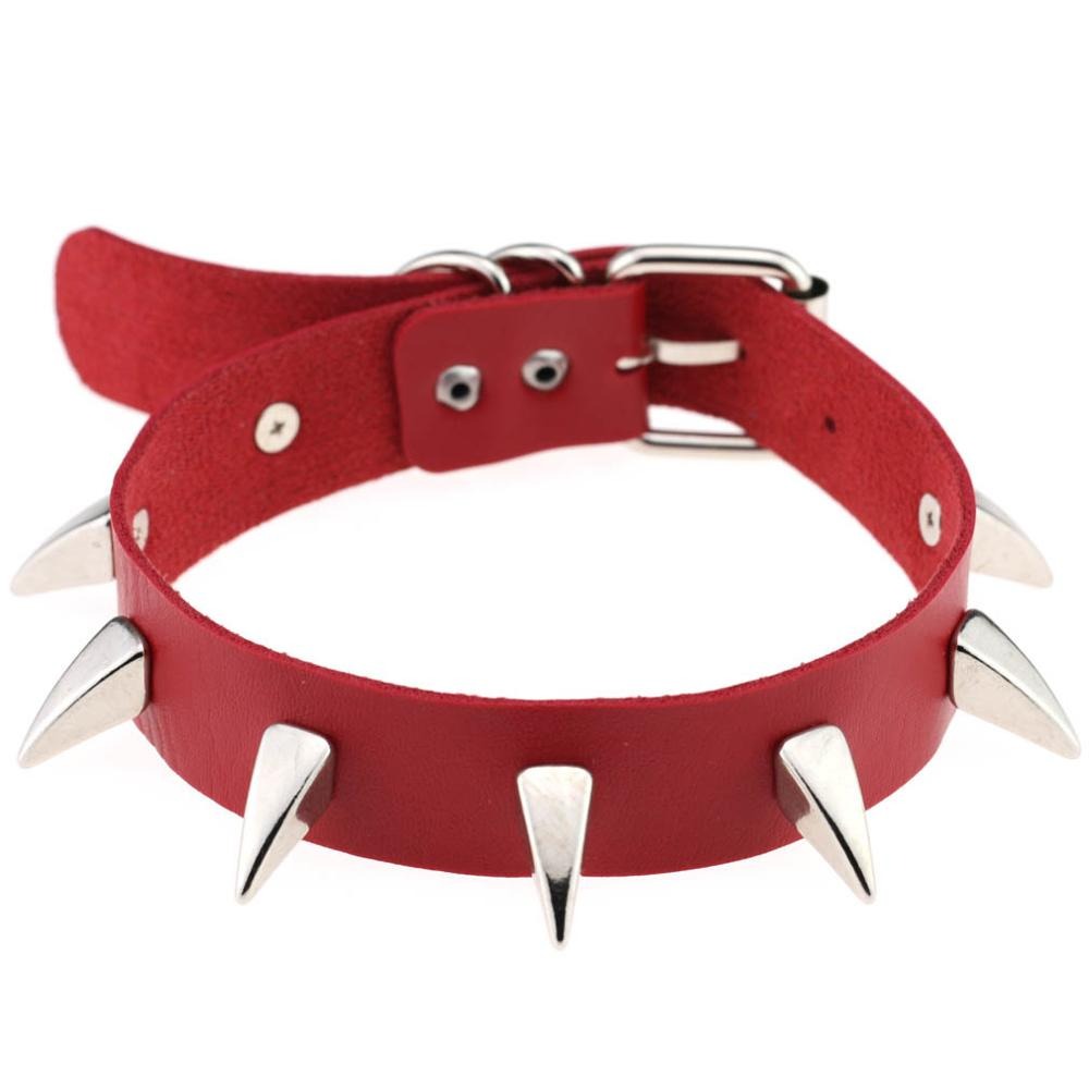 Rock style red leather choker necklace with silver spikes, perfect for unisex gothic fashion.