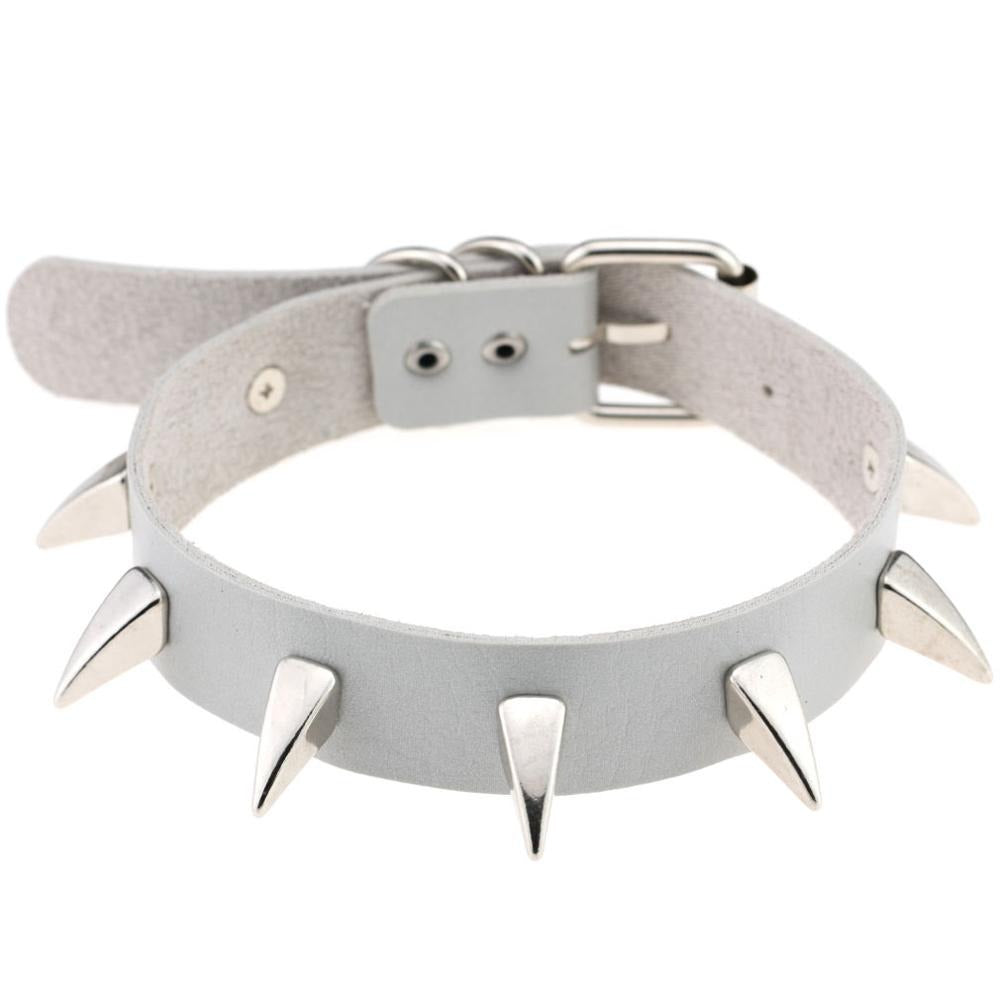 Rock style leather choker necklace with silver spikes, perfect for a gothic or biker look for men and women.