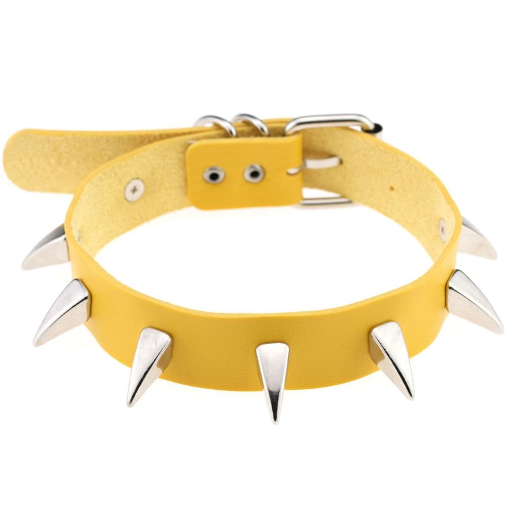 Unisex yellow leather choker necklace with silver spikes, perfect for rock style enthusiasts.