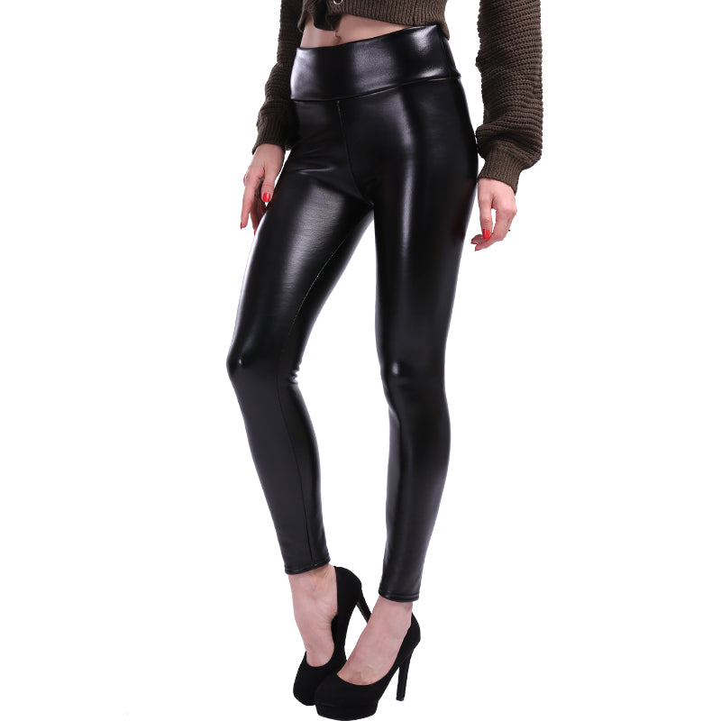 Rock Style Leather Leggings for Women / High Waist Stretch Slim Black PU Leather Pants - HARD'N'HEAVY