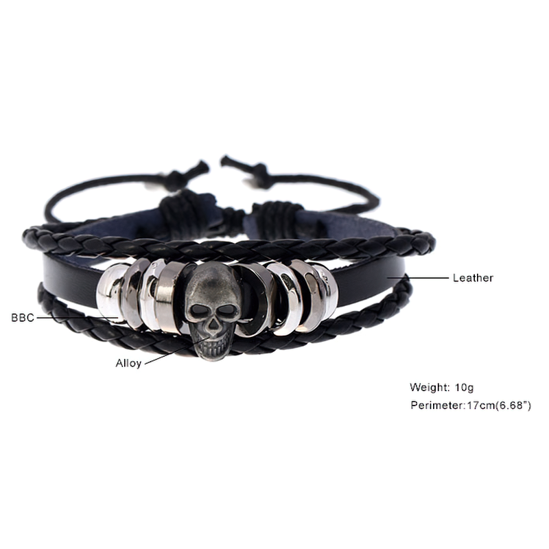 Multi-layer leather skull bracelet for men and women, featuring stylish silver skull charm and durable design.