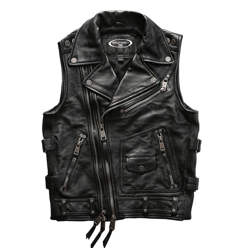 Rock Style Men Cowhide Vest / Top Quality Biker Vest / Genuine Leather Rave Outfits - HARD'N'HEAVY