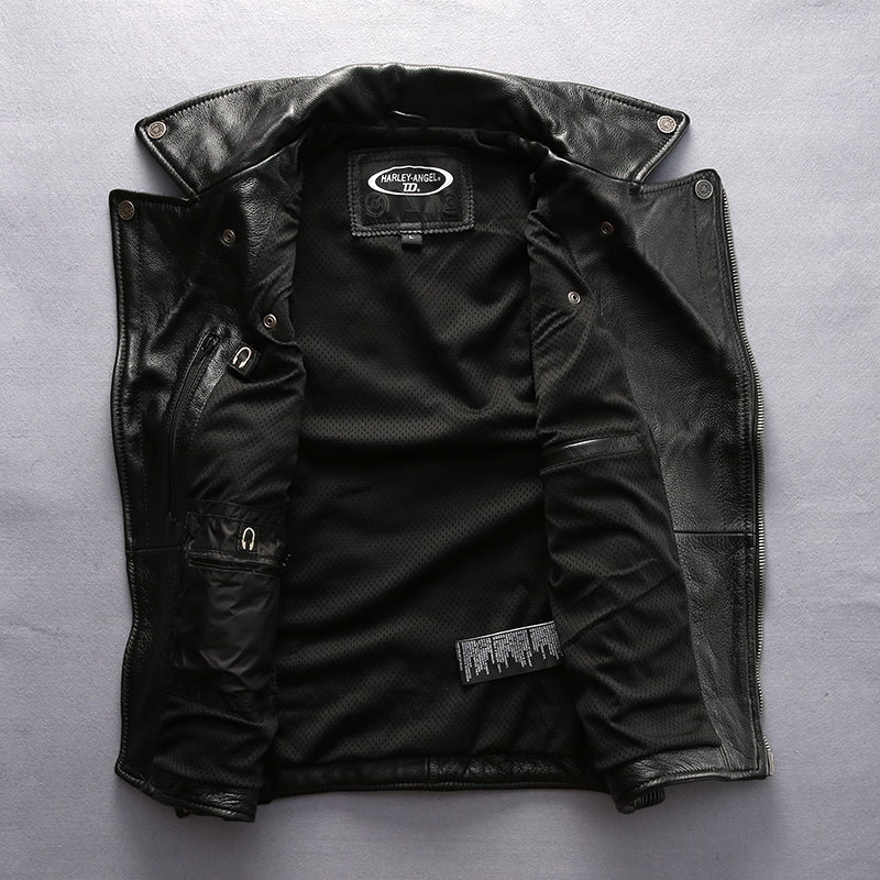 Rock Style Men Cowhide Vest / Top Quality Biker Vest / Genuine Leather Rave Outfits - HARD'N'HEAVY