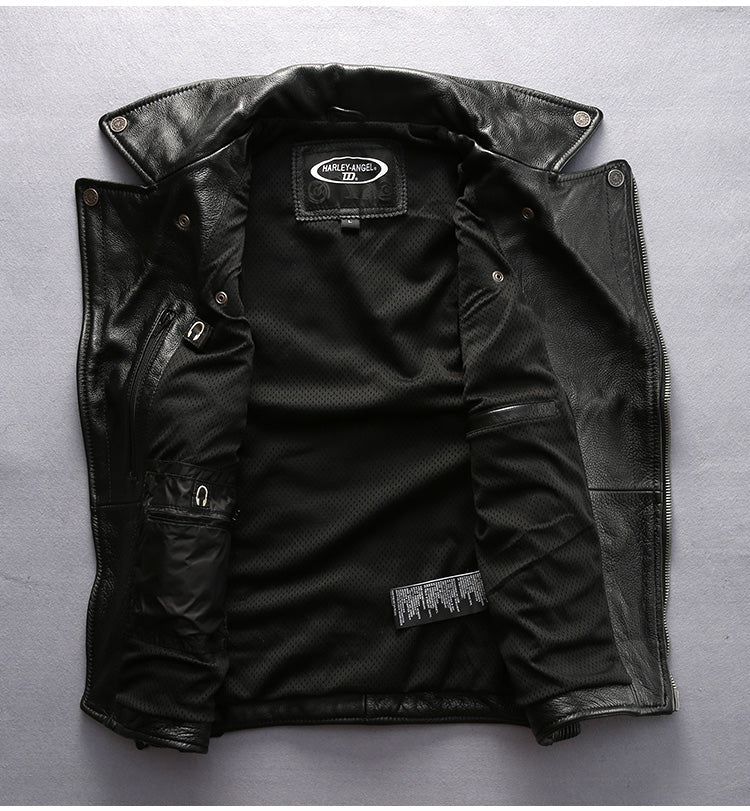 Rock Style Men Cowhide Vest / Top Quality Biker Vest / Genuine Leather Rave Outfits - HARD'N'HEAVY