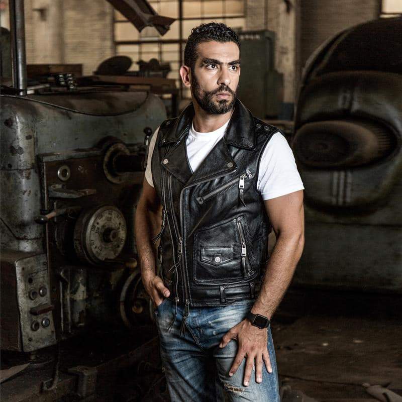 Rock Style Men Cowhide Vest / Top Quality Biker Vest / Genuine Leather Rave Outfits - HARD'N'HEAVY