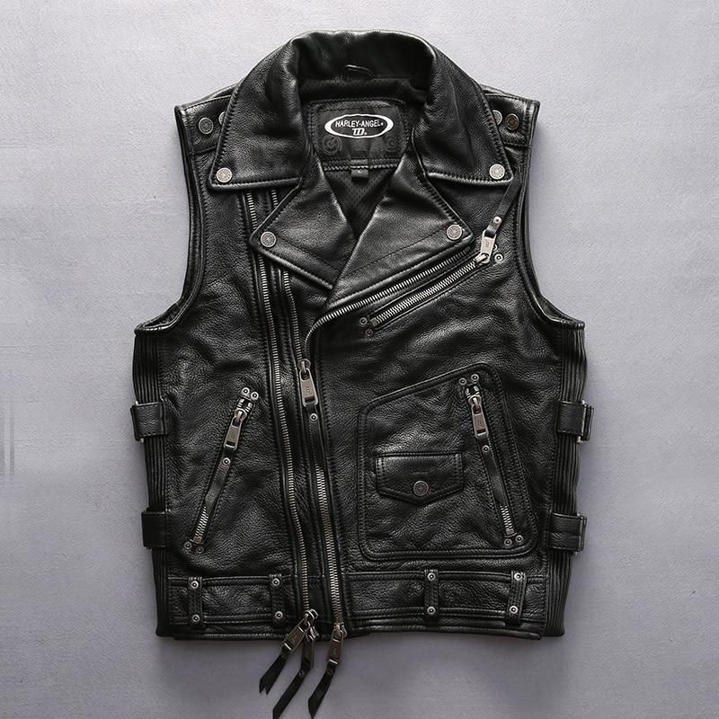 Rock Style Men Cowhide Vest / Top Quality Biker Vest / Genuine Leather Rave Outfits - HARD'N'HEAVY