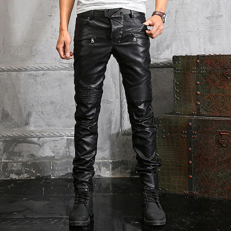 Rock style men's ripped faux leather moto pants, skinny black trousers perfect for bikers and gothic fashion.
