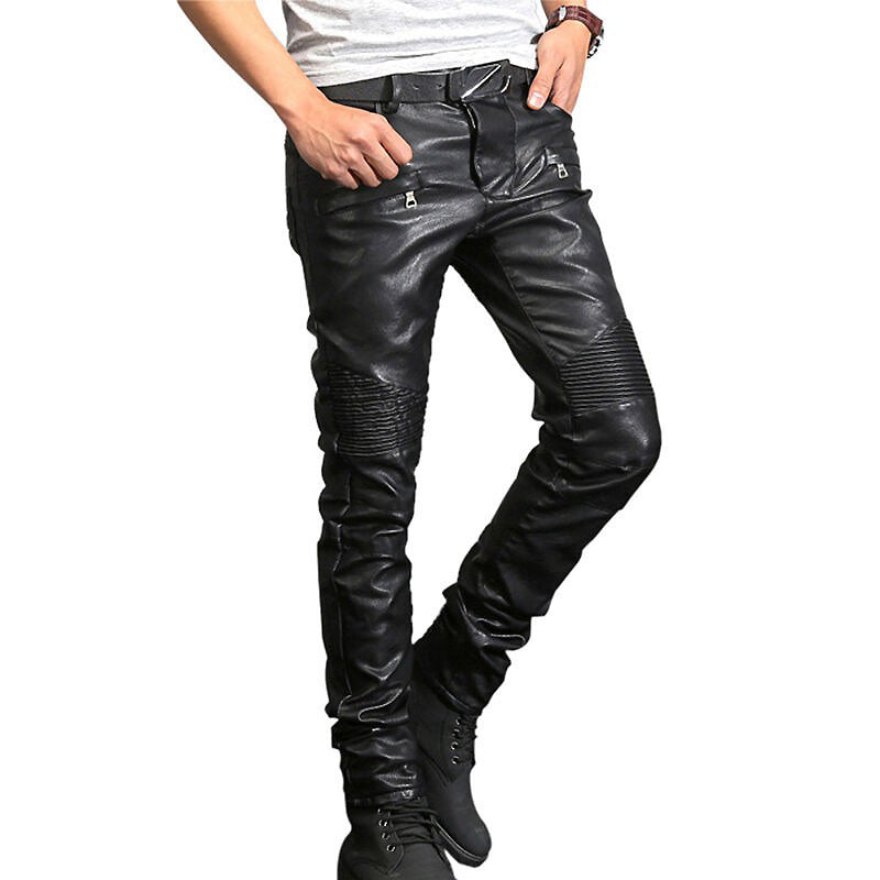 Rock style mens ripped moto faux leather pants in black, perfect for bikers and gothic fashion lovers.