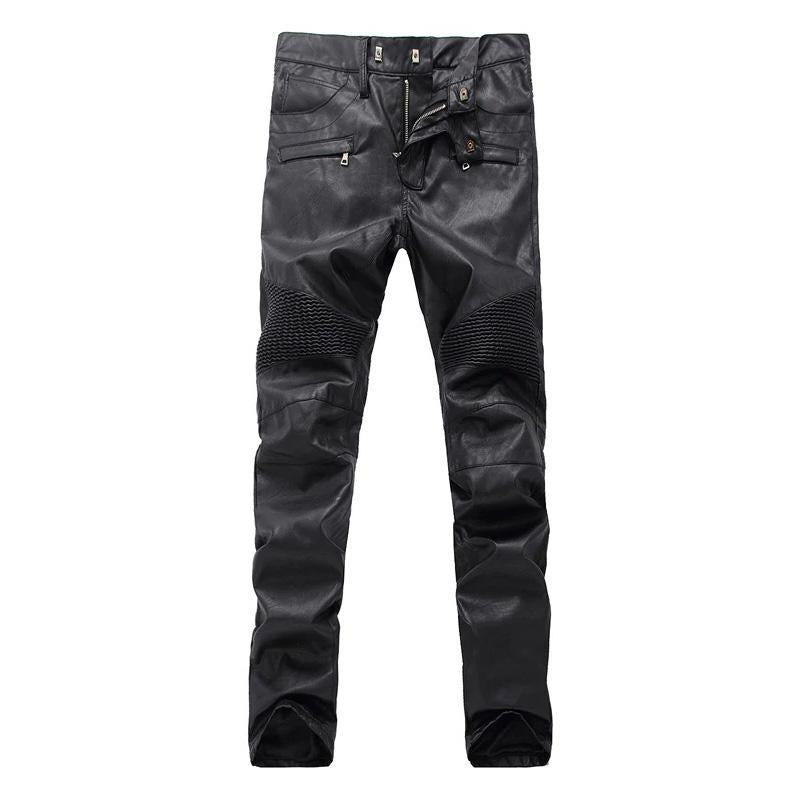 Men's ripped moto pants in black faux leather, perfect for rock style and biker outfits.