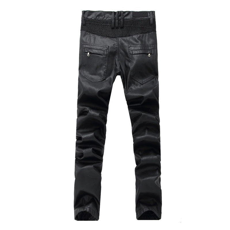 Men's black ripped moto pants with faux leather finish, perfect for rock style and biker looks.