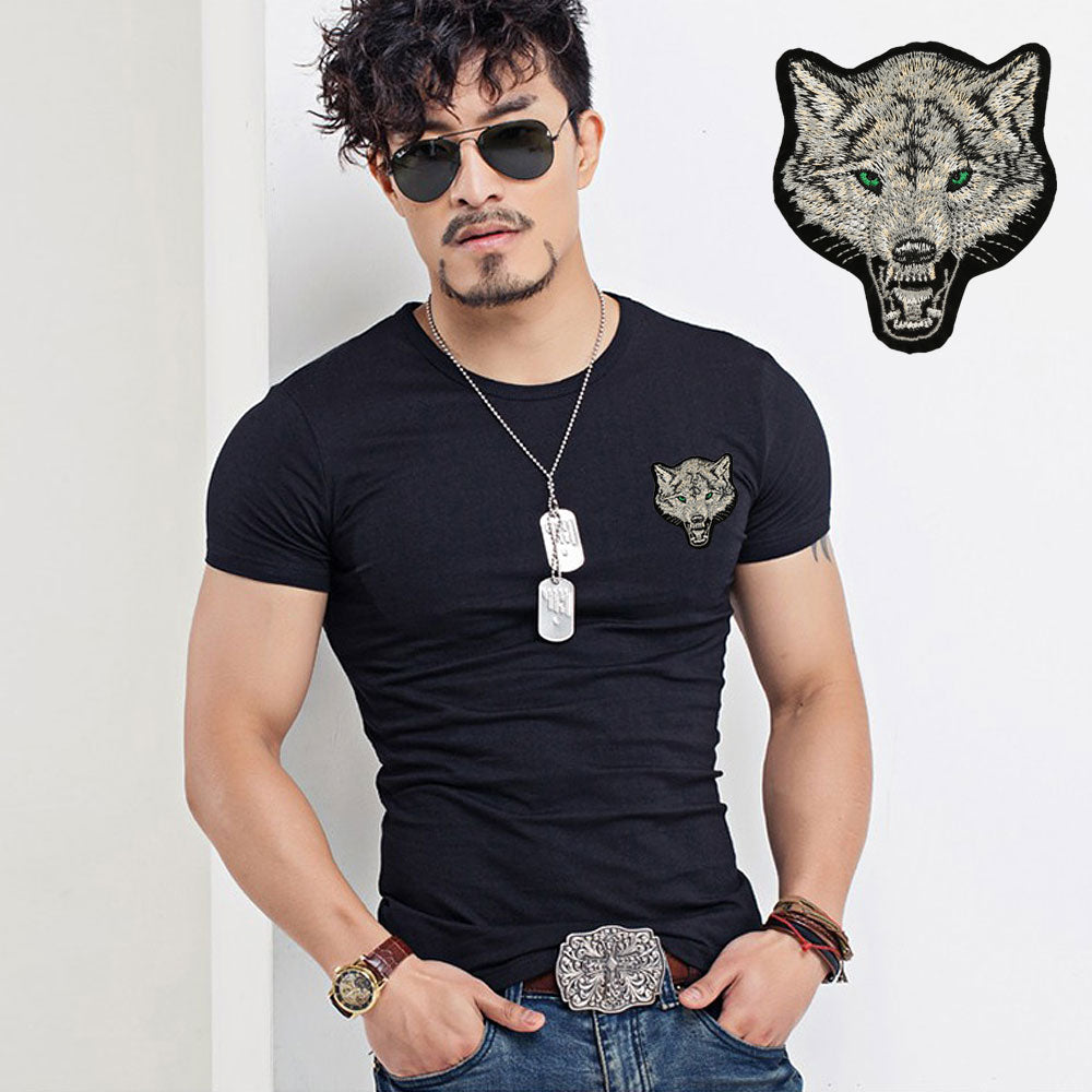 Camisetas de algodón con bordado de lobo para hombre Rock Style