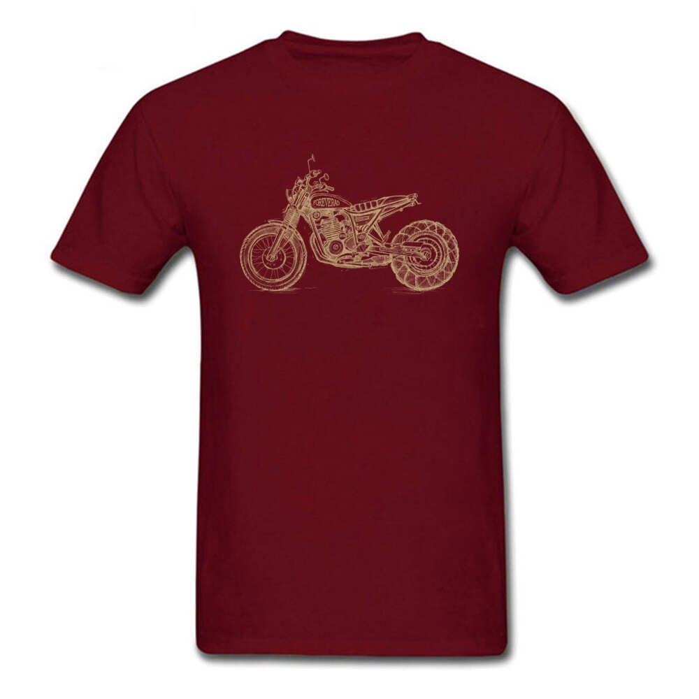 Unisex rock style motorcycle t-shirt in burgundy with a vintage bike print.