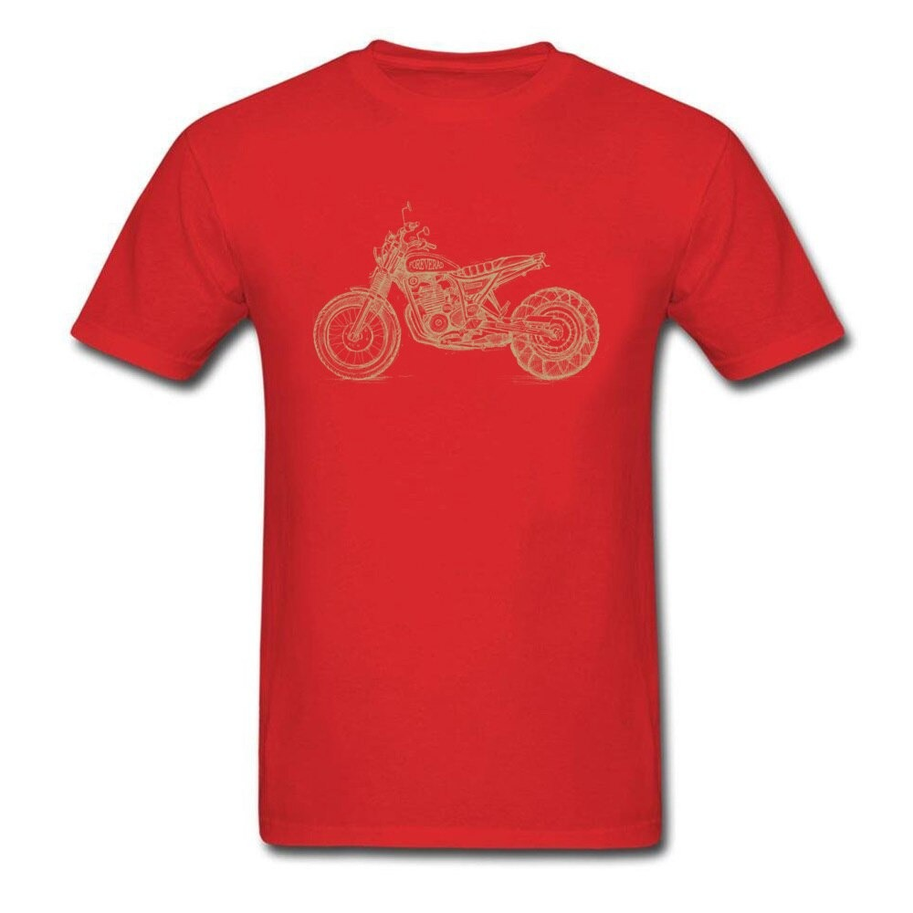 Red unisex biker t-shirt featuring a stylish motorcycle print, perfect for rock style enthusiasts.