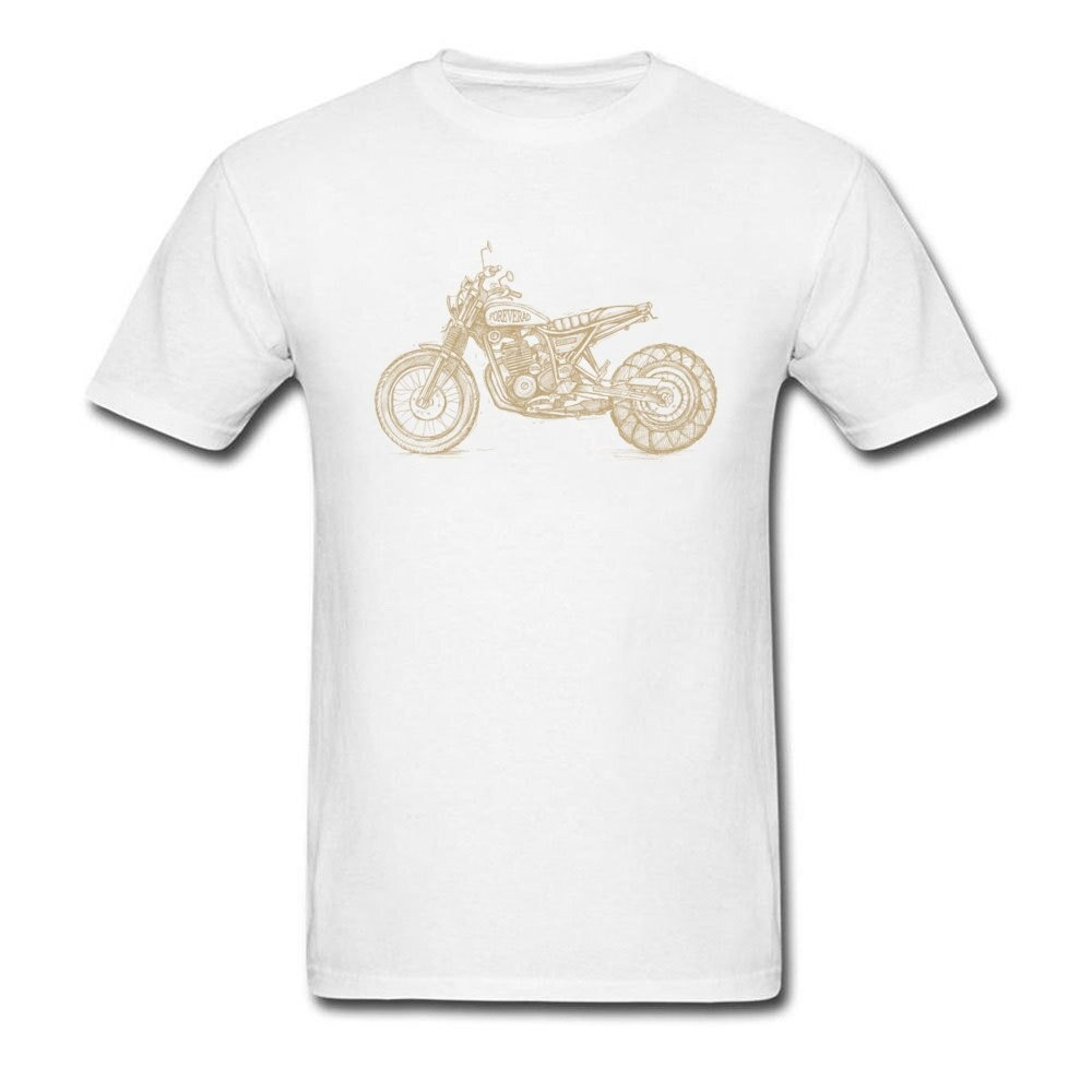 White unisex biker t-shirt featuring a stylish motorcycle print, perfect for rock style fashion.