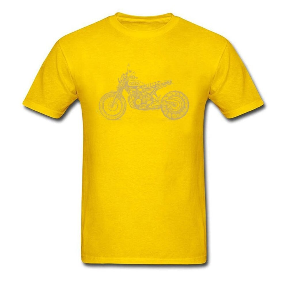 Bright yellow unisex biker t-shirt featuring a stylish motorcycle print, perfect for rock and ride enthusiasts.