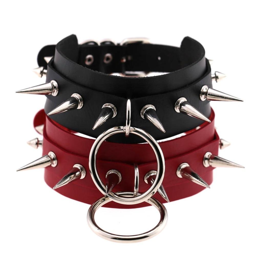 Rock style leather chokers with spikes in black and red, featuring O-Round rings for a bold look.